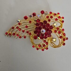 Vintage Gold Tone Red Rhinestone Floral Spray Brooch Aurora Borealis Accents